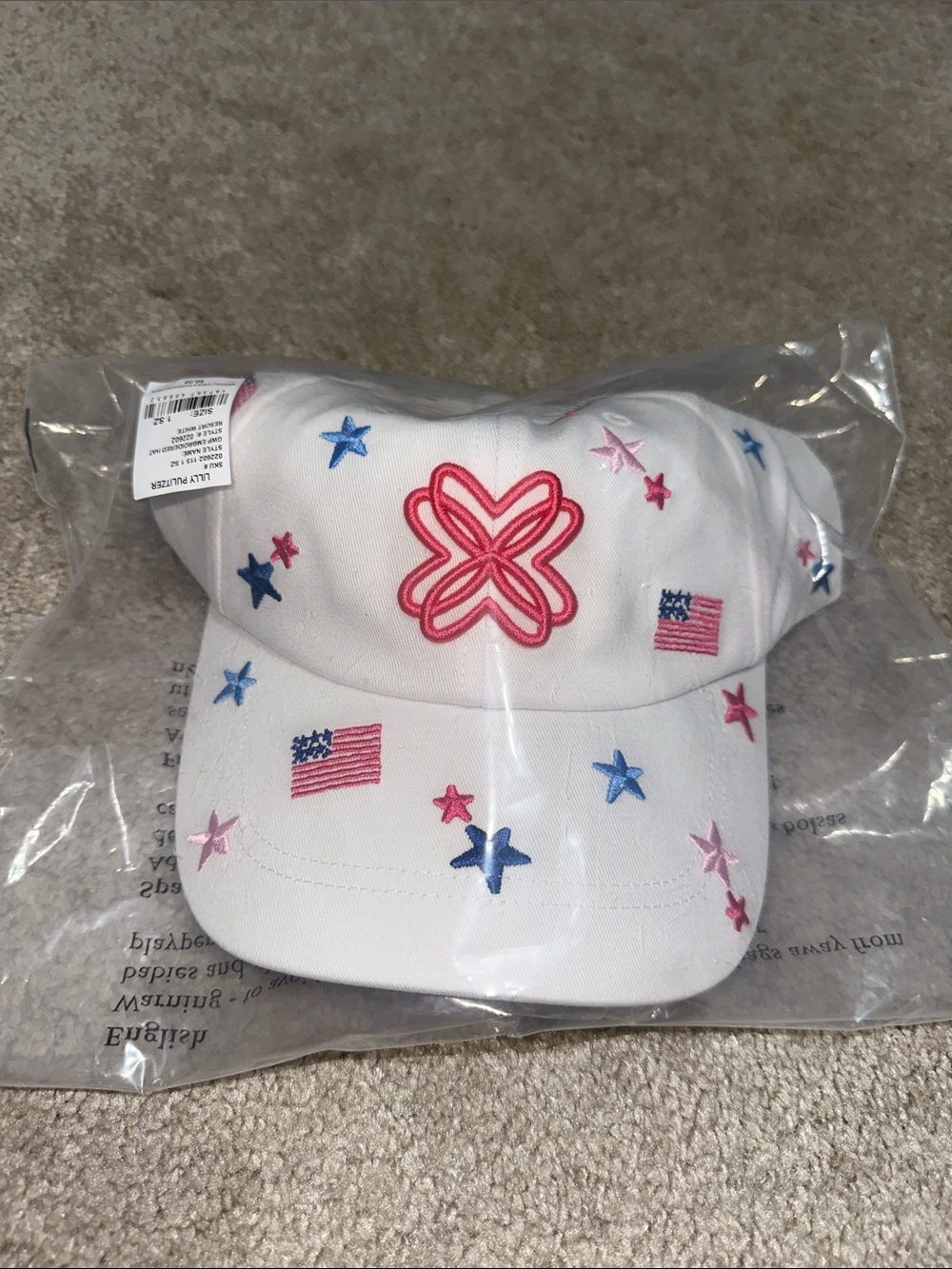 Lilly Pulitzer White Hat with Pink Logo & Red, Blue Stars